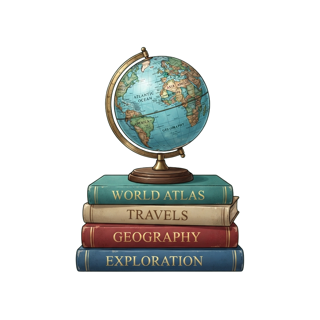 A globe on a stand placed atop four books labeled World Atlas, Travels, Geography, and Exploration