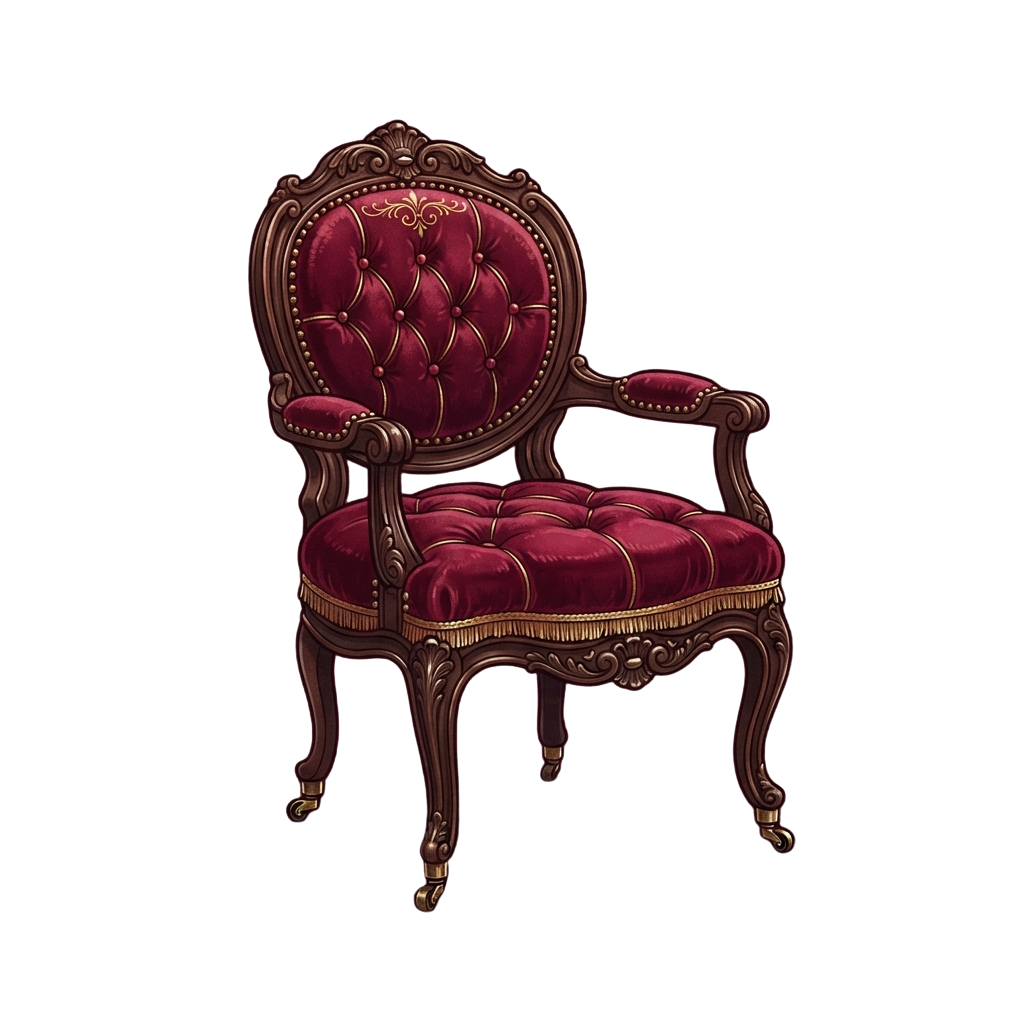 Dark wooden armchair with red velvet tufted upholstery and ornate golden carvings on legs and backrest