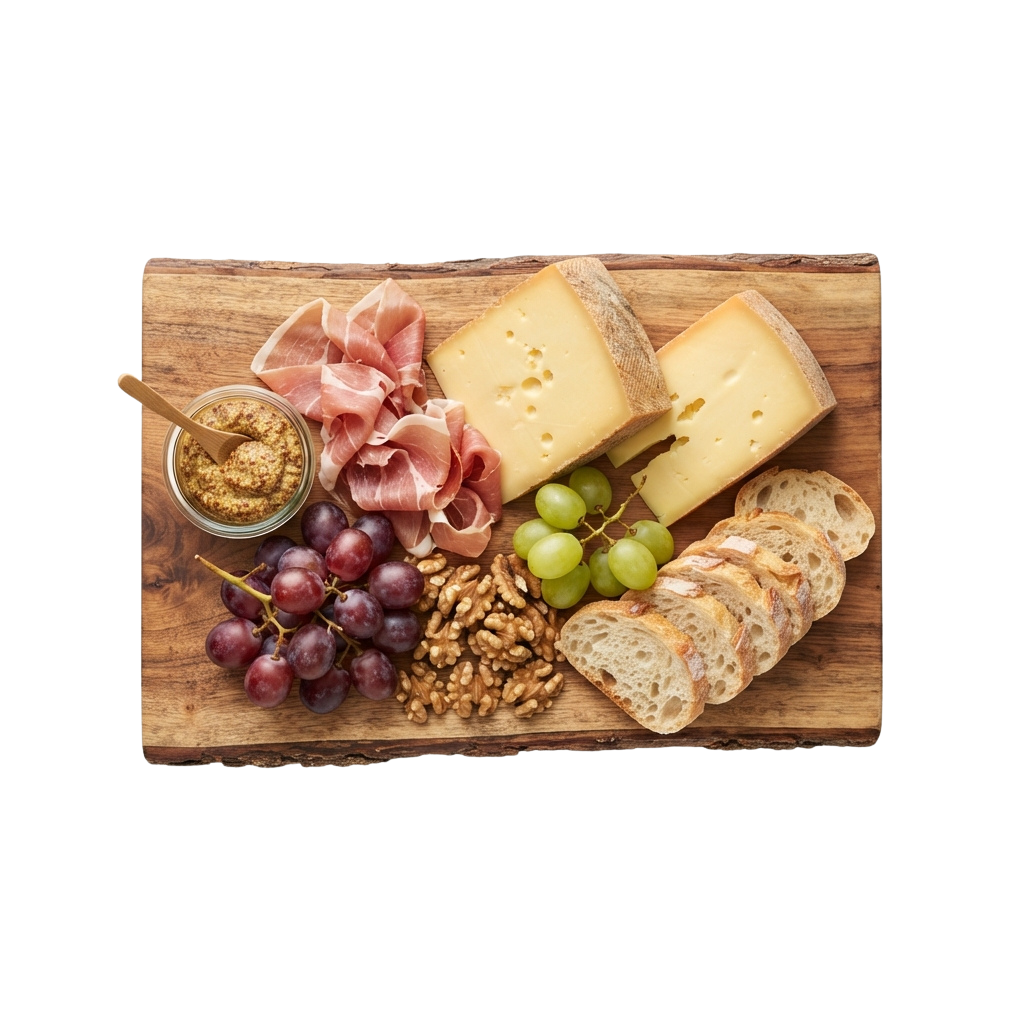Wooden board with cured meats, cheeses, grapes, nuts, bread, and pesto dip