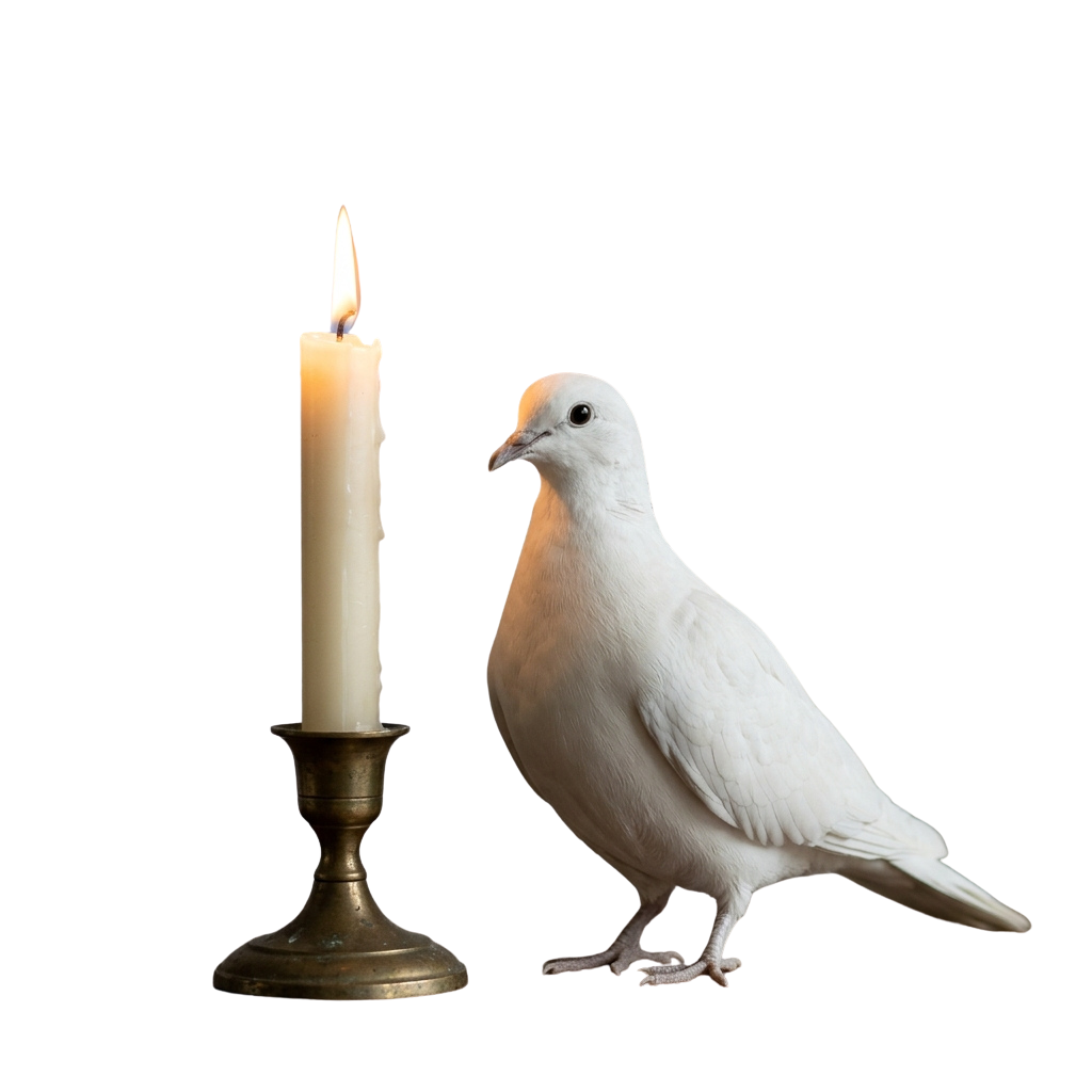 A white dove standing next to a lit candle on a black background