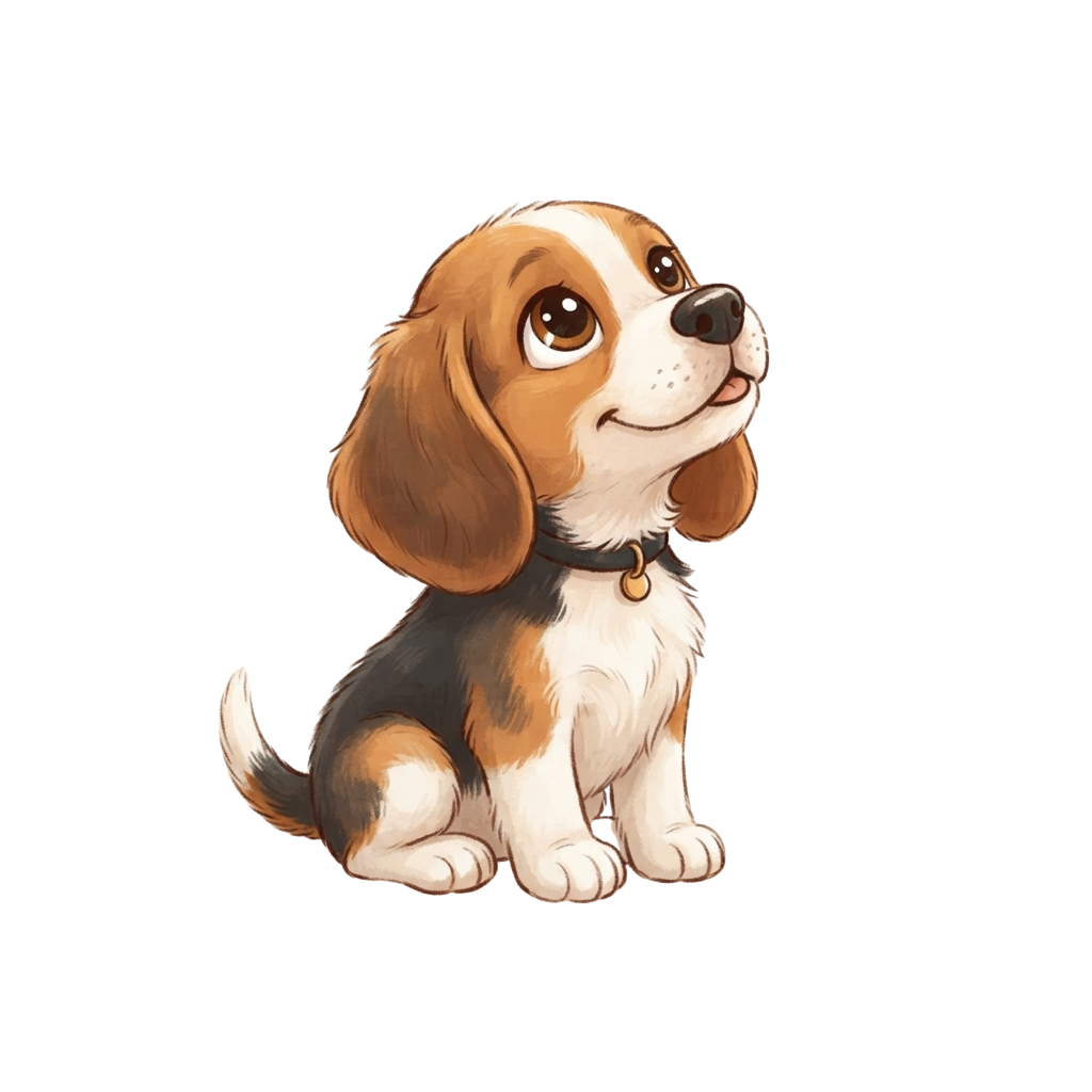 A cheerful cartoon Cavalier King Charles Spaniel puppy sitting with floppy ears and a collar.
