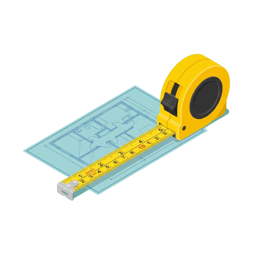 A yellow retractable tape measure positioned on a blue architectural floor plan diagram