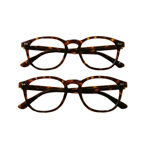 Two pairs of brown tortoiseshell round frame glasses against a black background