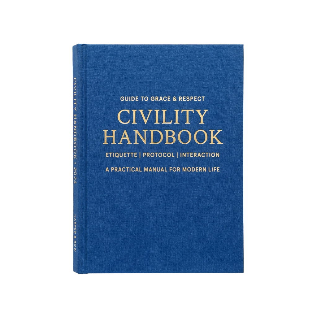 Blue book titled Civility Handbook with gold lettering, standing upright against a black background