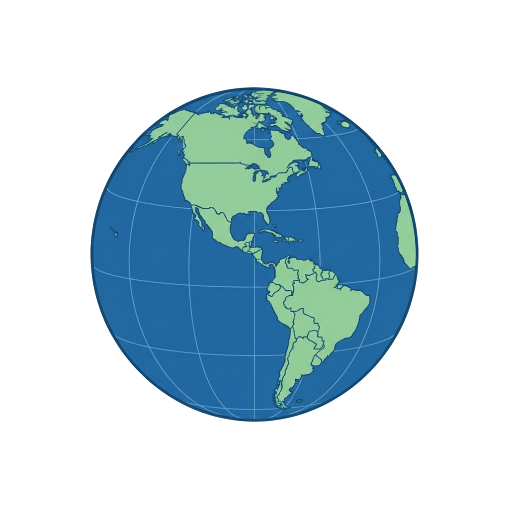 A 3D globe highlighting the continents of North and South America, parts of Europe, and Africa with gridlines.