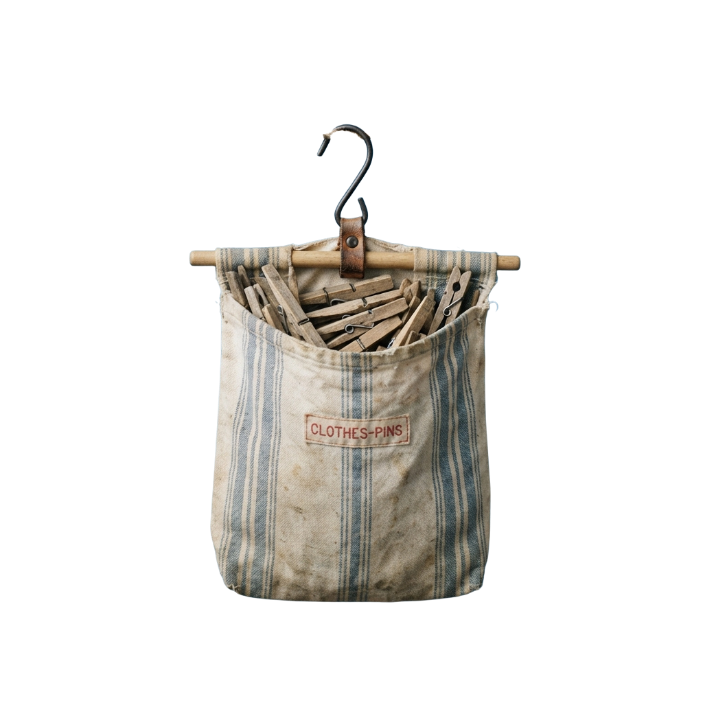 A striped fabric bag labeled clothes-pins hanging on a wooden hanger with a hook, filled with wooden clothespins.