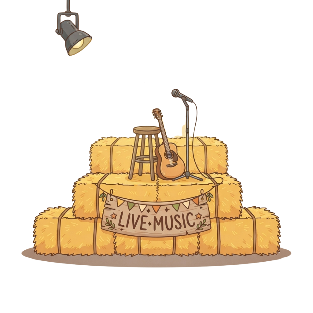 Illustration of a cake decorated like a small stage with hay bales, a guitar, microphones, and a banner saying live music