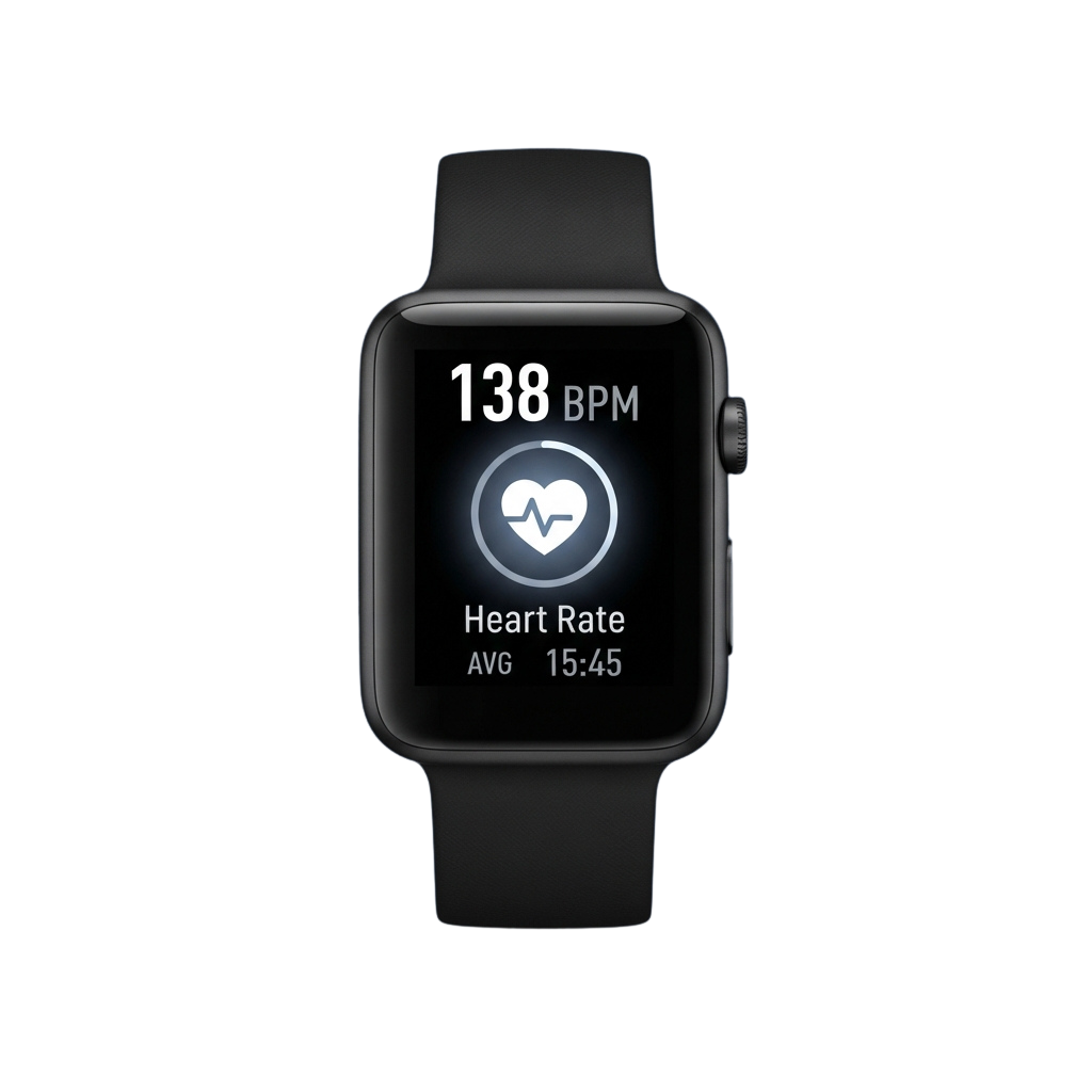 Smartwatch screen showing heart rate of 138 BPM with a heart icon and timestamp 15:45