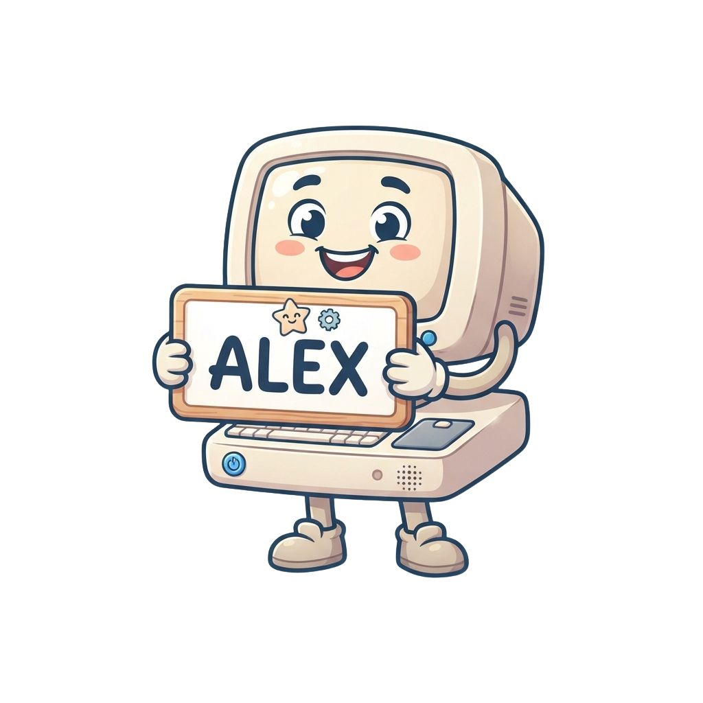 Happy Cartoon Computer Character Holding Alex Sign - Name Your Pc Day 21