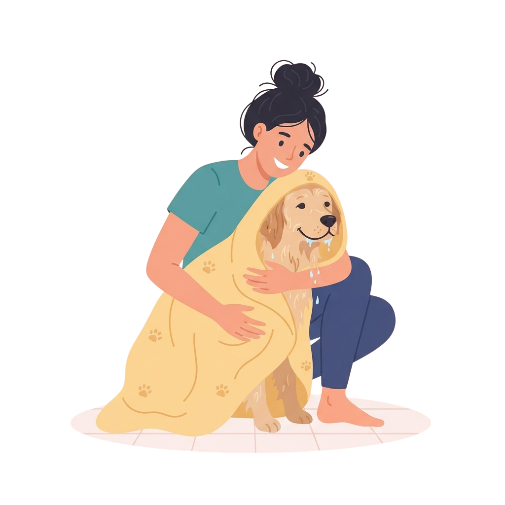 A woman kneeling and hugging a smiling golden retriever dog with a happy expression