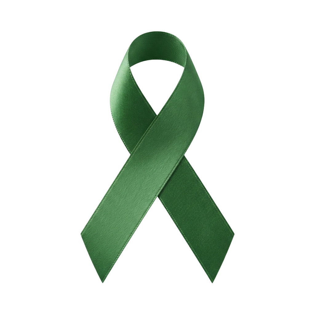 A green awareness ribbon displayed against a black background