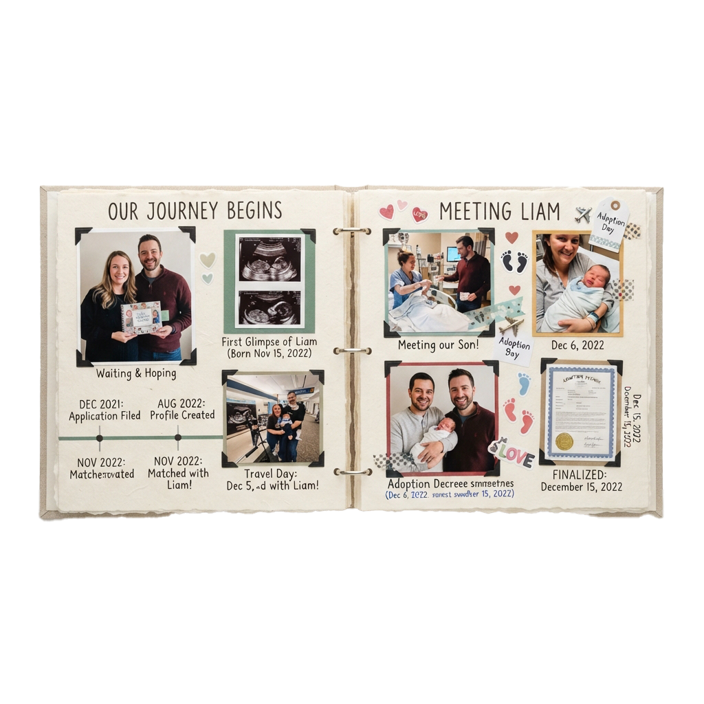 Adoption journey photo album showing key moments from application to meeting the child