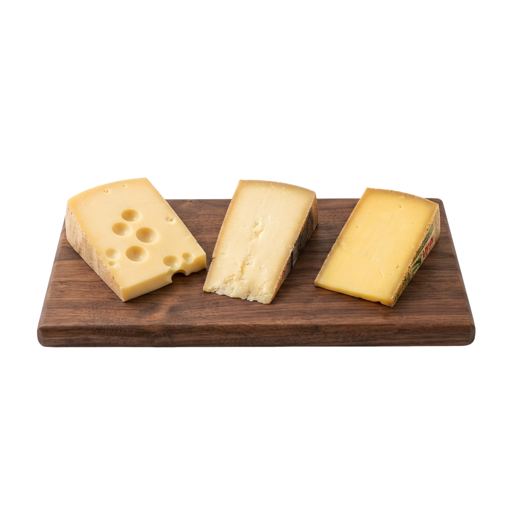 Three different types of cheese placed on a wooden board
