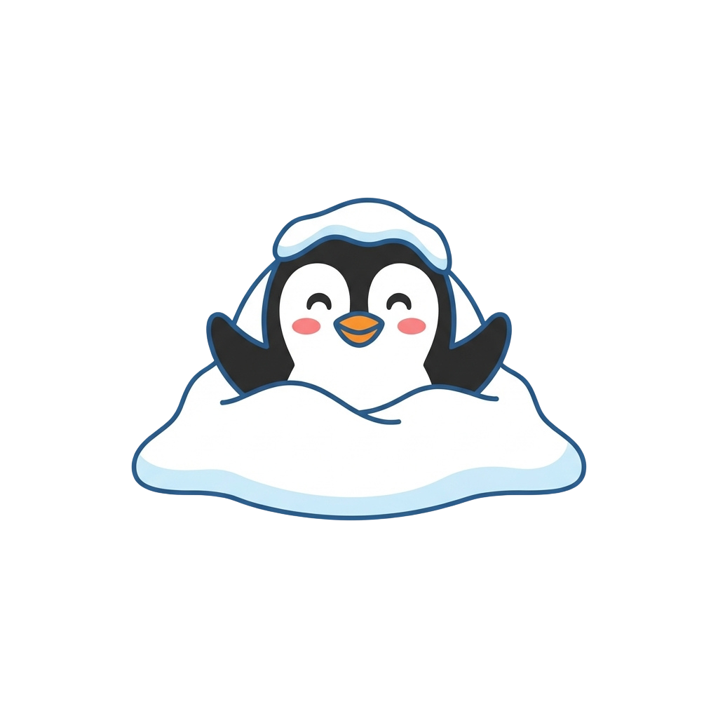 A cheerful cartoon penguin sitting on a white fluffy cloud with closed eyes and a smile