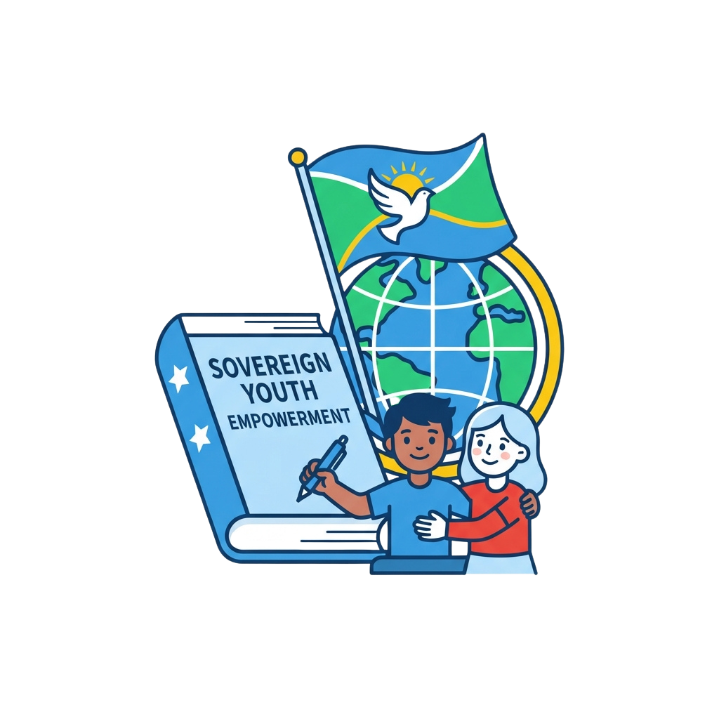 Illustration showing youth empowerment with a book labeled Sovereign Youth Empowerment, globe, flag, and two people embracing