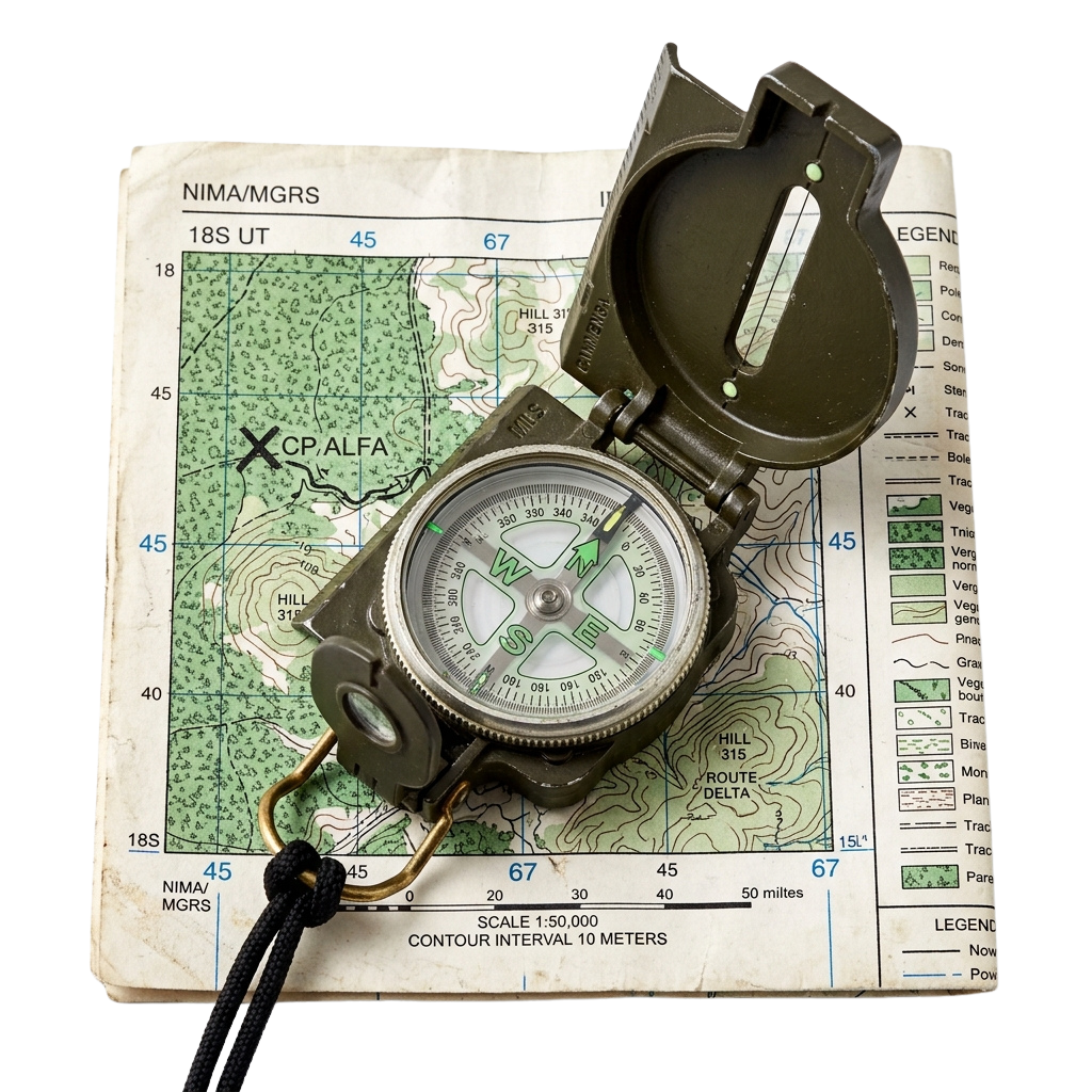 A lensatic compass placed on a topographic map showing contour lines and grid markings.