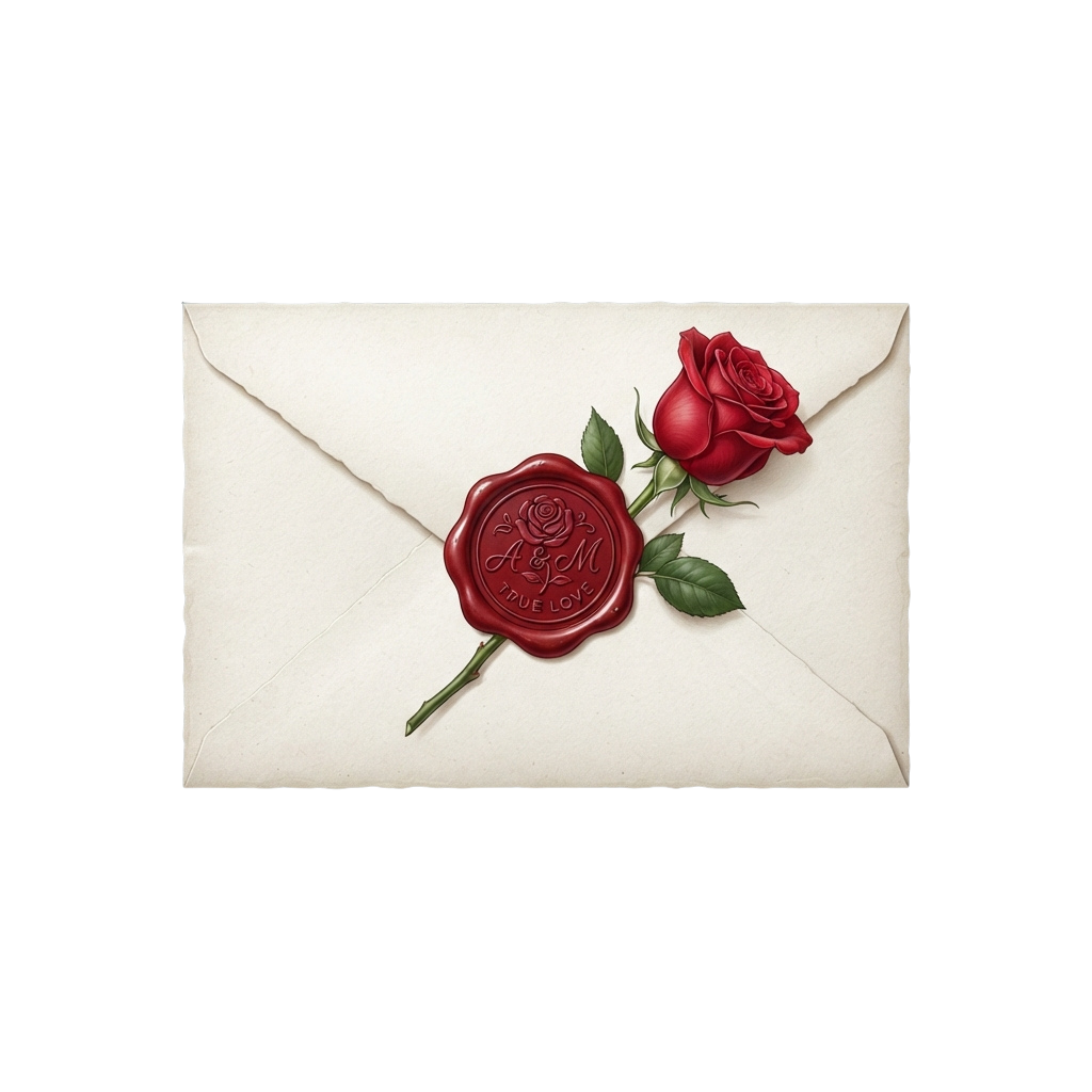 An envelope featuring a red rose and wax seal with True Love inscribed on it