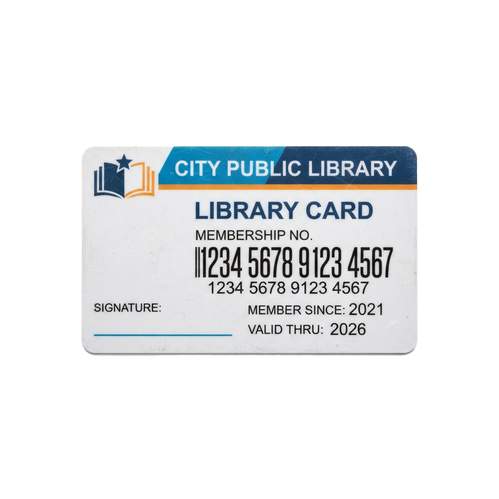 Library card from City Public Library with membership number 1234 5678 9123 4567, valid through 2026