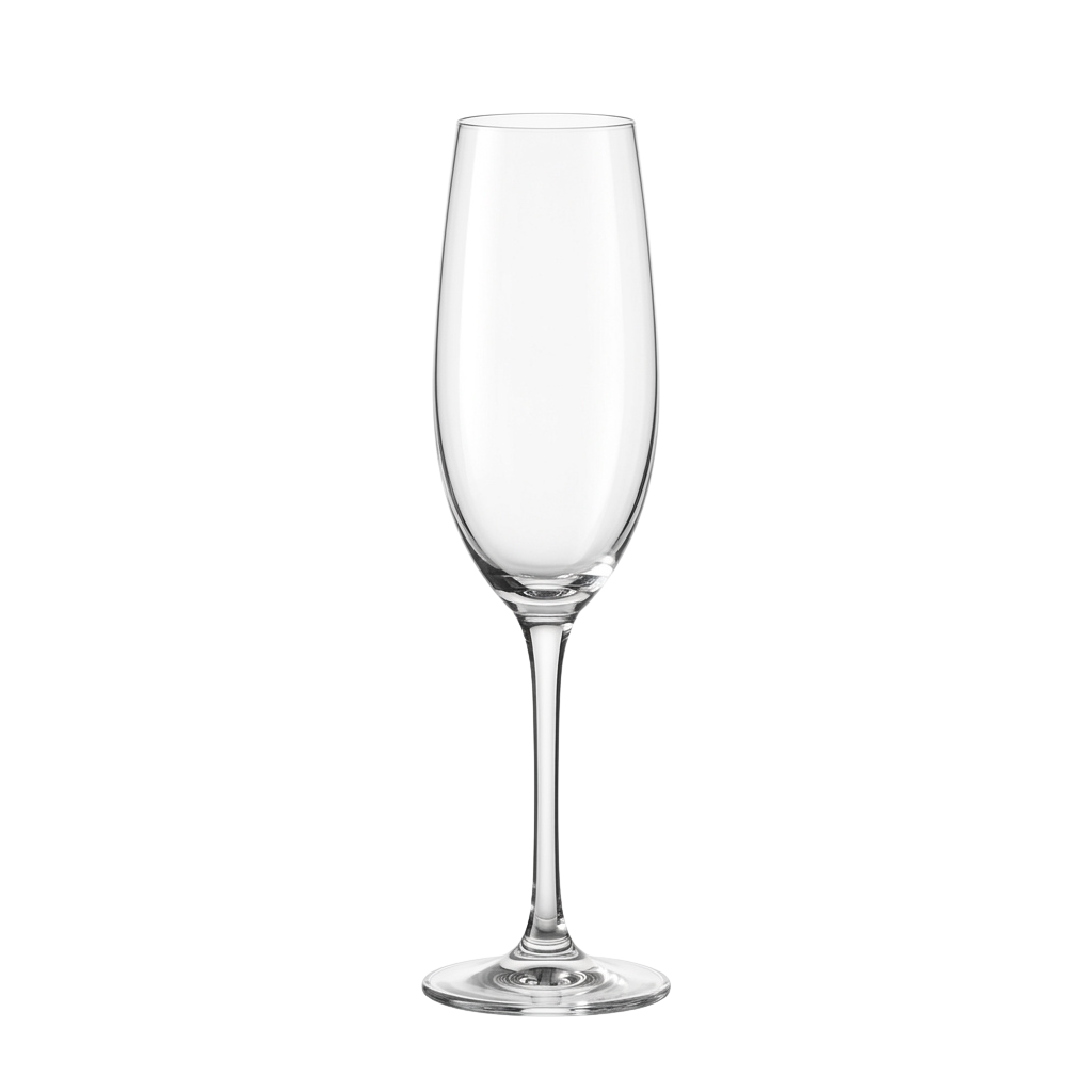 A clear stemmed wine glass standing upright against a black background