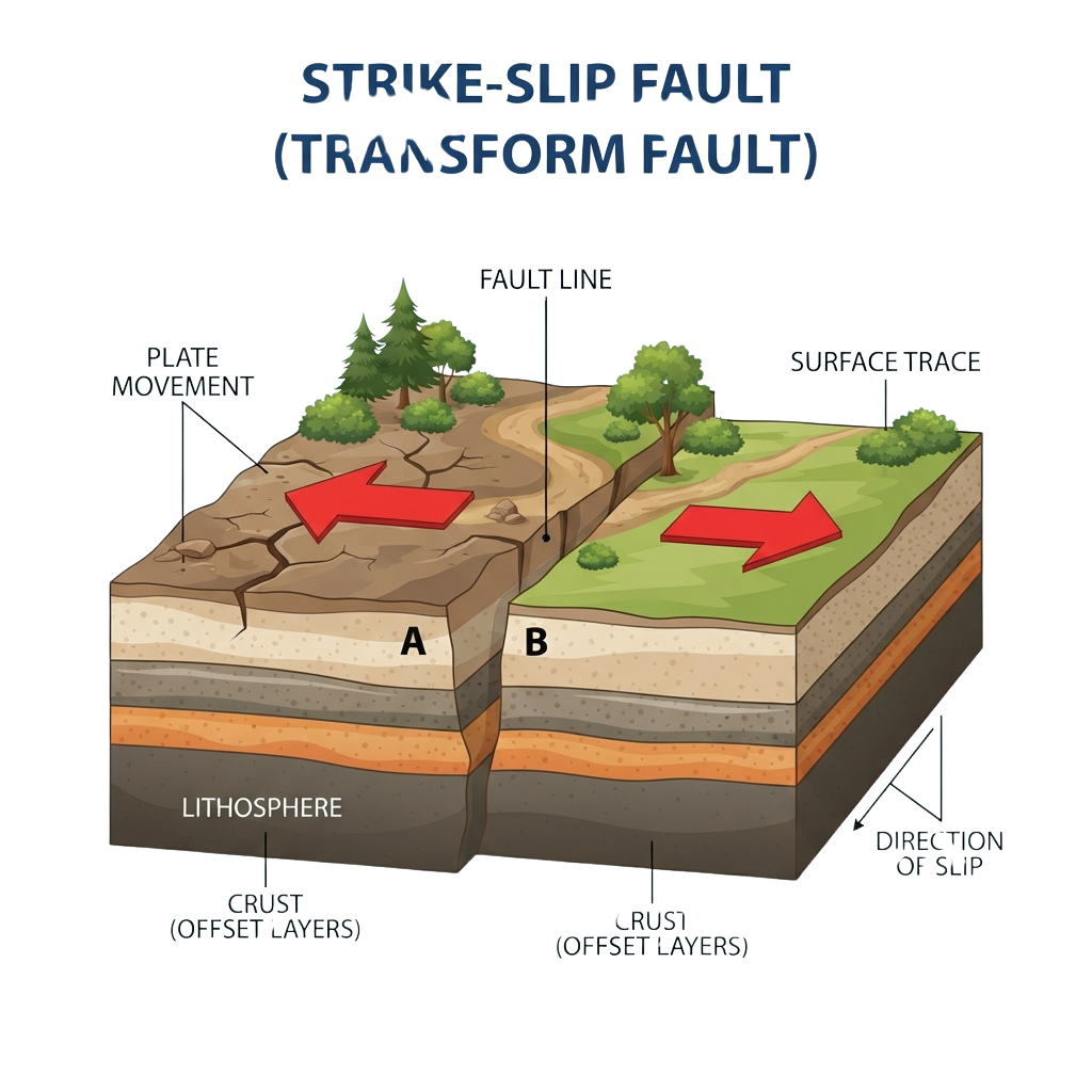 Illustration of a strike-slip fault showing two blocks of the Earth's crust sliding horizontally past each other