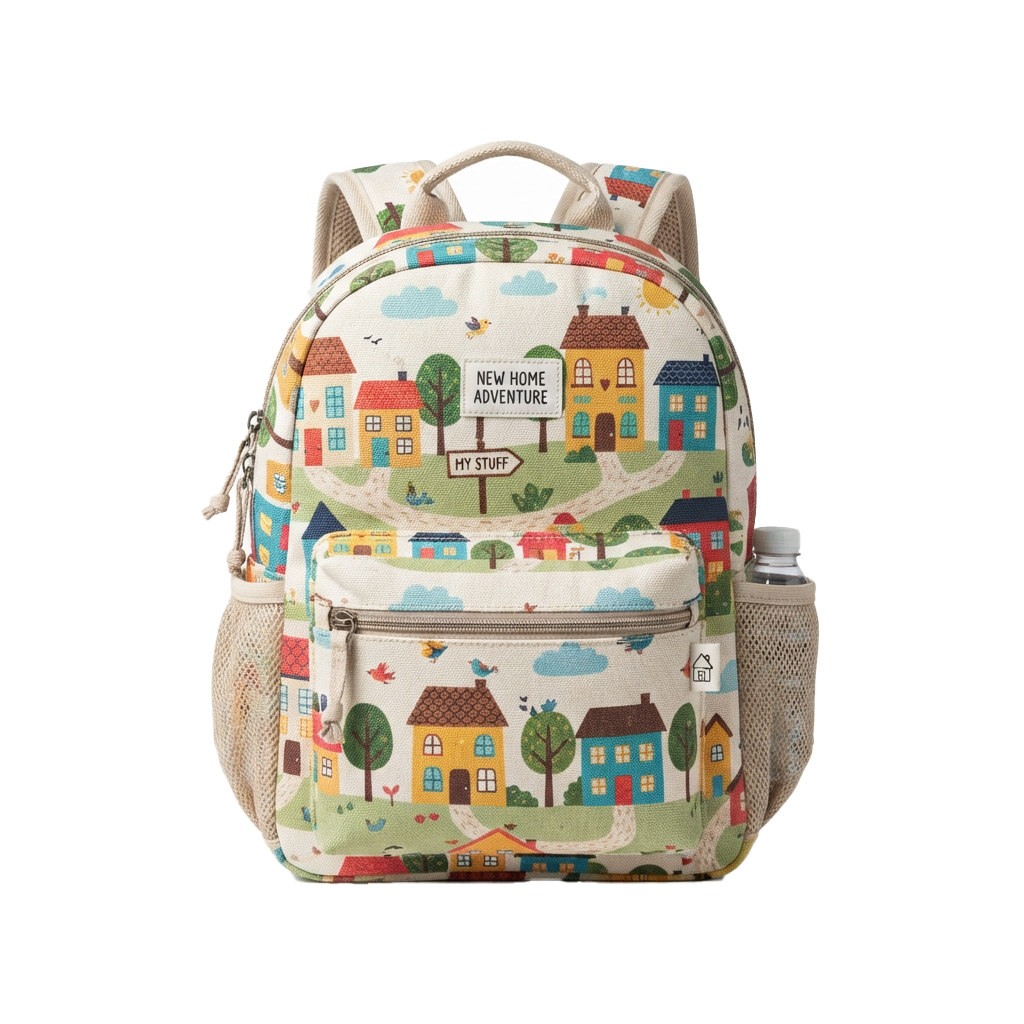 Colorful backpack with cartoon houses, trees, and a sign reading New Home Adventure and My Stuff