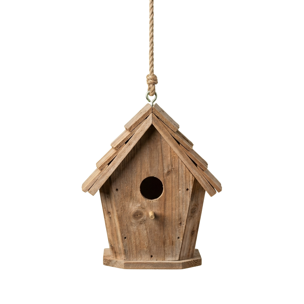 A light brown wooden birdhouse hanging by a rope against a dark background