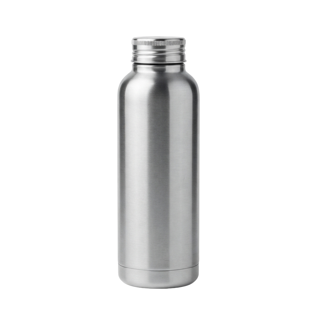 A sleek stainless steel water bottle with a screw-on cap against a black background