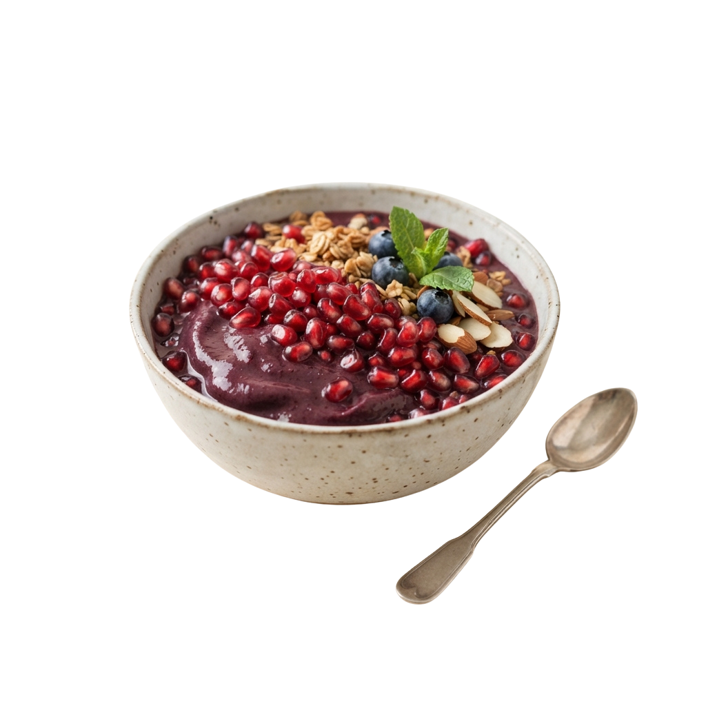 Bowl of pomegranate oatmeal topped with blueberries, nuts, and mint leaf on a speckled ceramic dish with a spoon