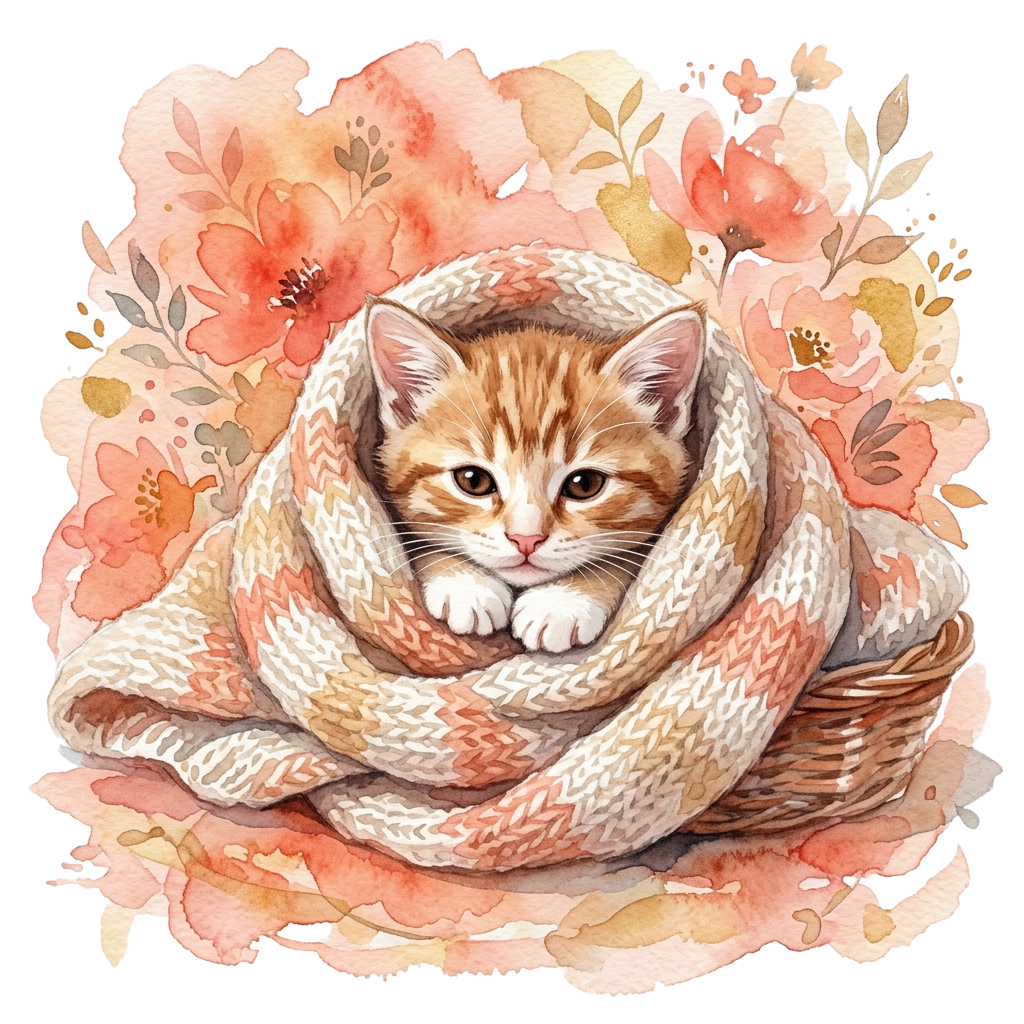 Orange tabby kitten curled inside a knitted blanket in a wicker basket surrounded by autumn leaves and flowers