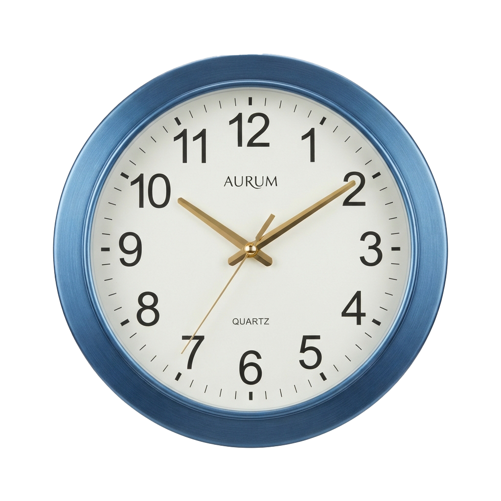 Blue-framed analog quartz clock with gold hands and numbers, showing time around 10:10.