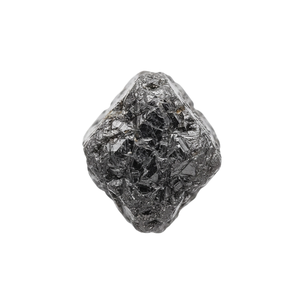 A rough, faceted diamond crystal gemstone with a transparent, glassy appearance and sharp edges.