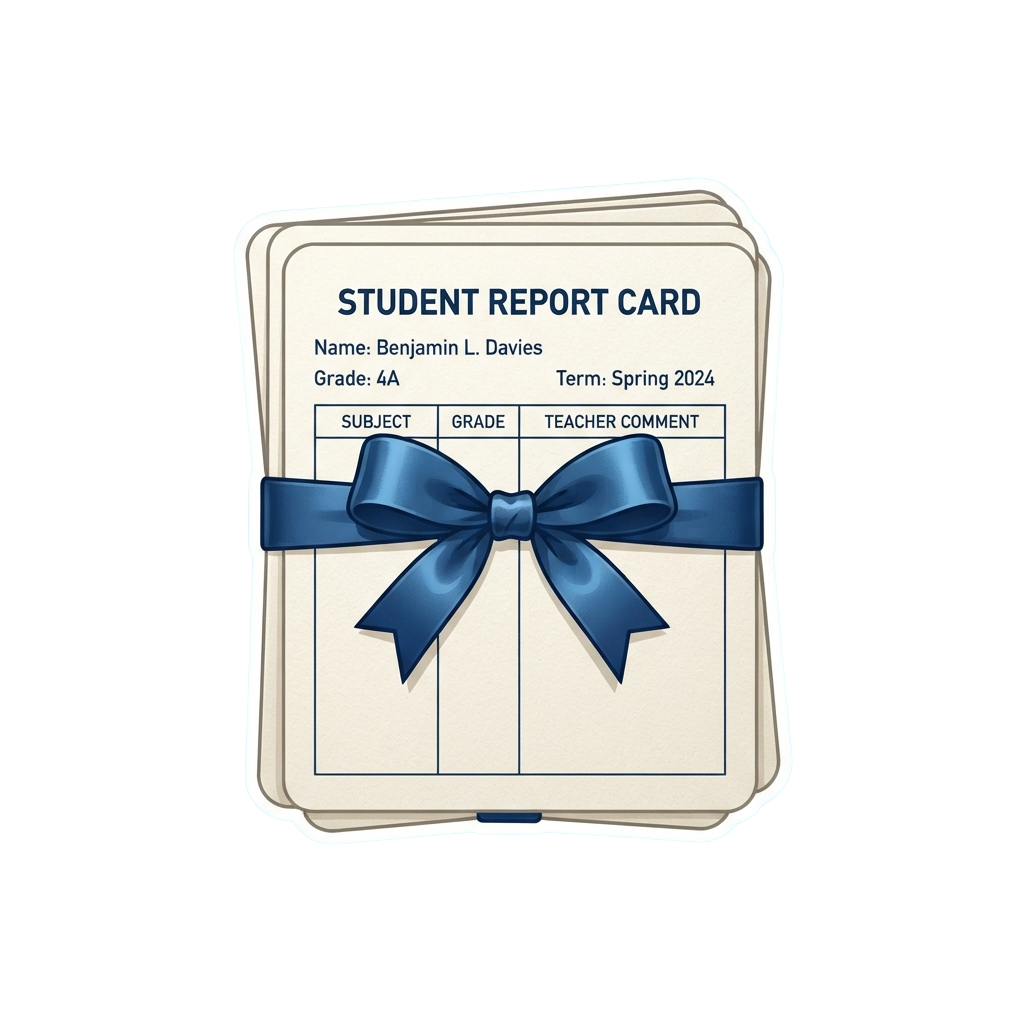 A student report card for Spring 2024 tied with a blue ribbon, showing sections for subject, grade, and teacher comments