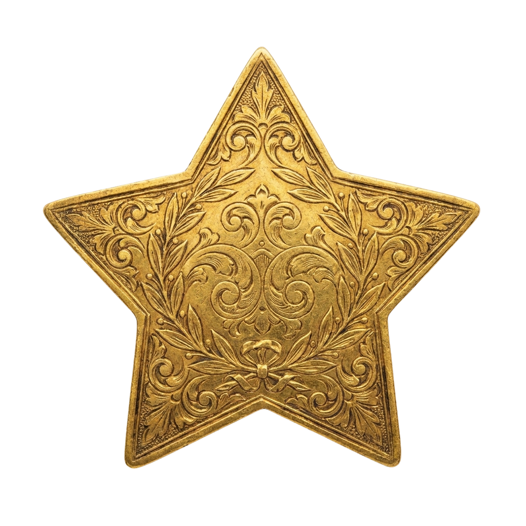 A detailed gold-colored star-shaped emblem with ornate floral and scroll patterns.