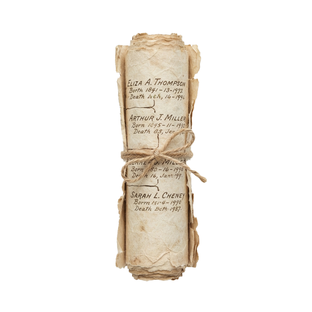 Aged paper scroll tied with twine showing handwritten death records of four individuals with birth and death dates