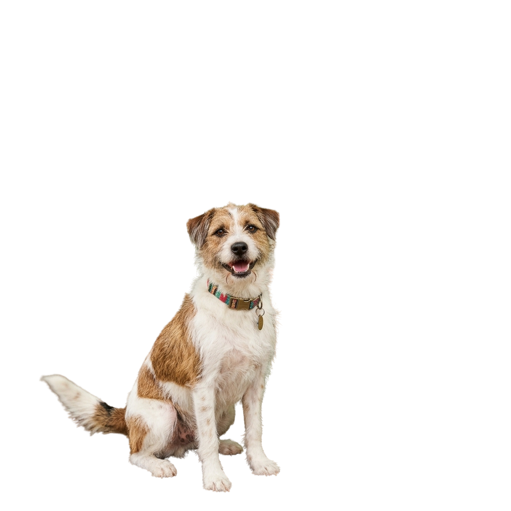 A smiling brown and white dog sitting on a black background