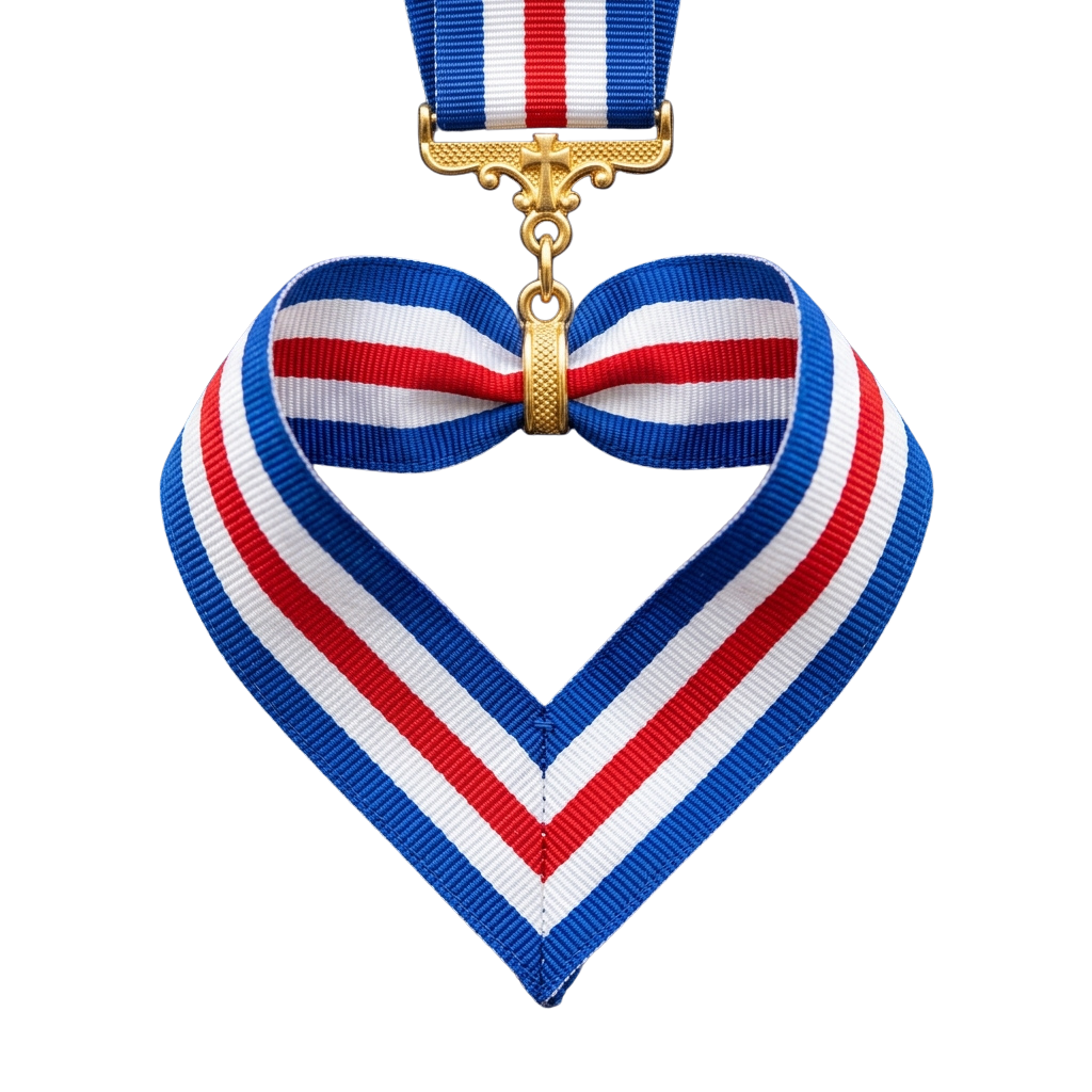 Heart-shaped medal ribbon with blue, red, and white stripes on black background