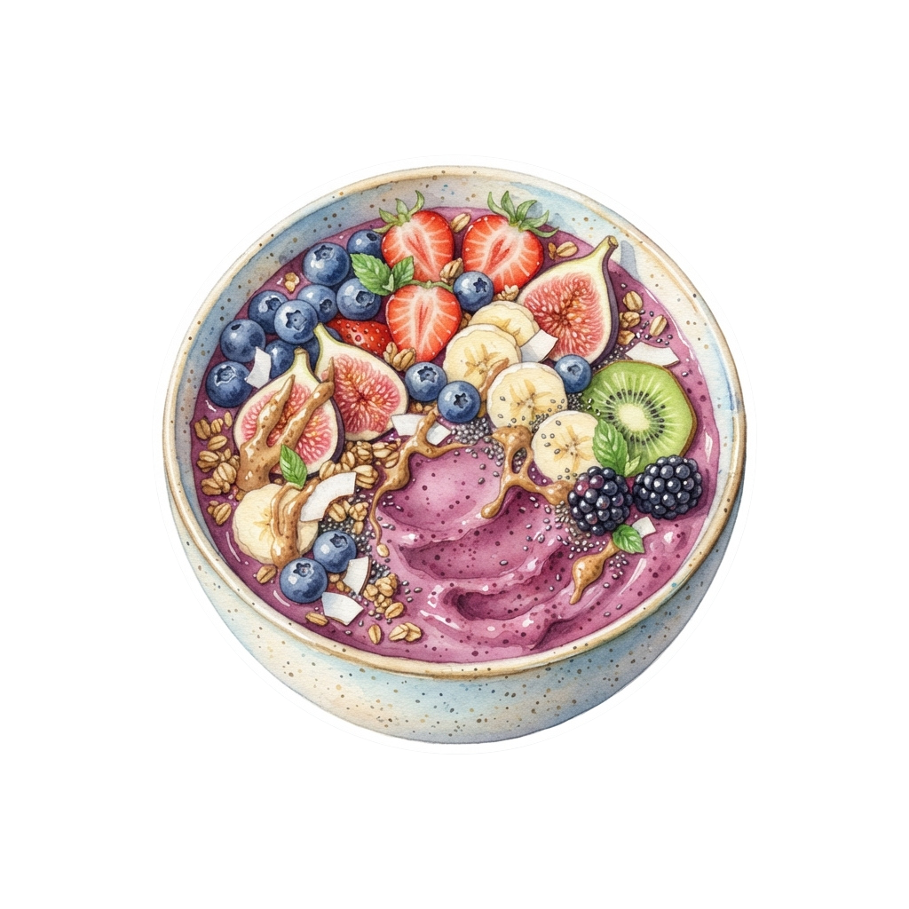 A vibrant smoothie bowl topped with strawberries, blueberries, kiwi, figs, banana, blackberries, chia seeds, and nuts on a speckled bowl