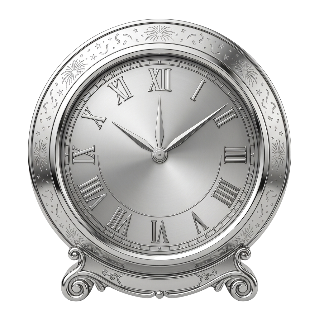 A stylish silver clock with Roman numerals and intricate floral designs on the frame