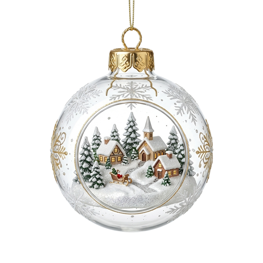 Decorative Christmas ornament featuring a winter village scene with snow-covered houses, trees, and a sleigh
