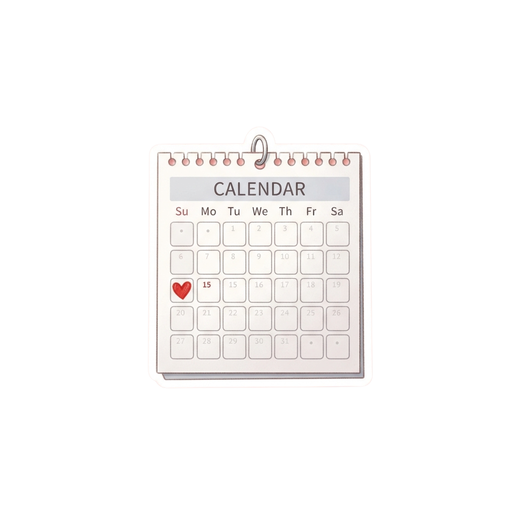 A calendar page showing dates with a red heart icon on the 15th date