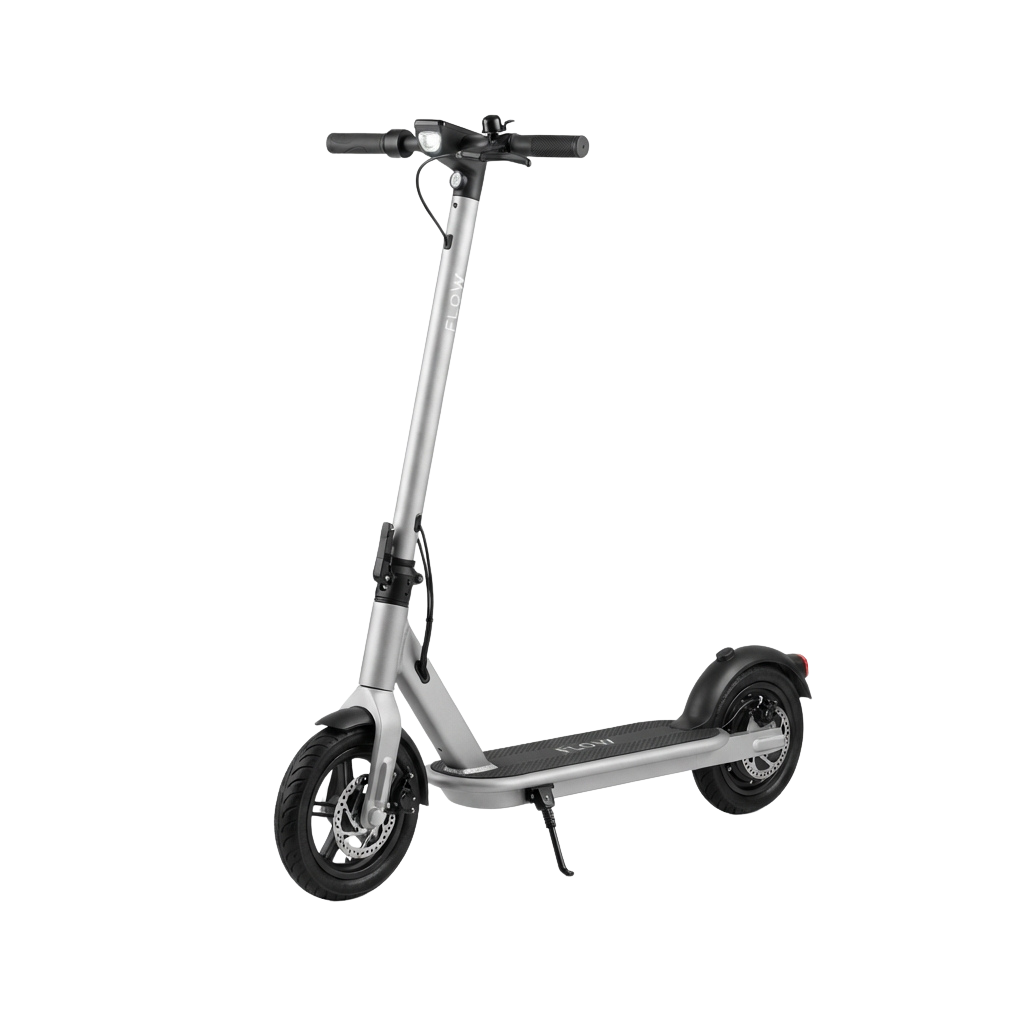 Electric scooter standing upright with black tires and a silver frame