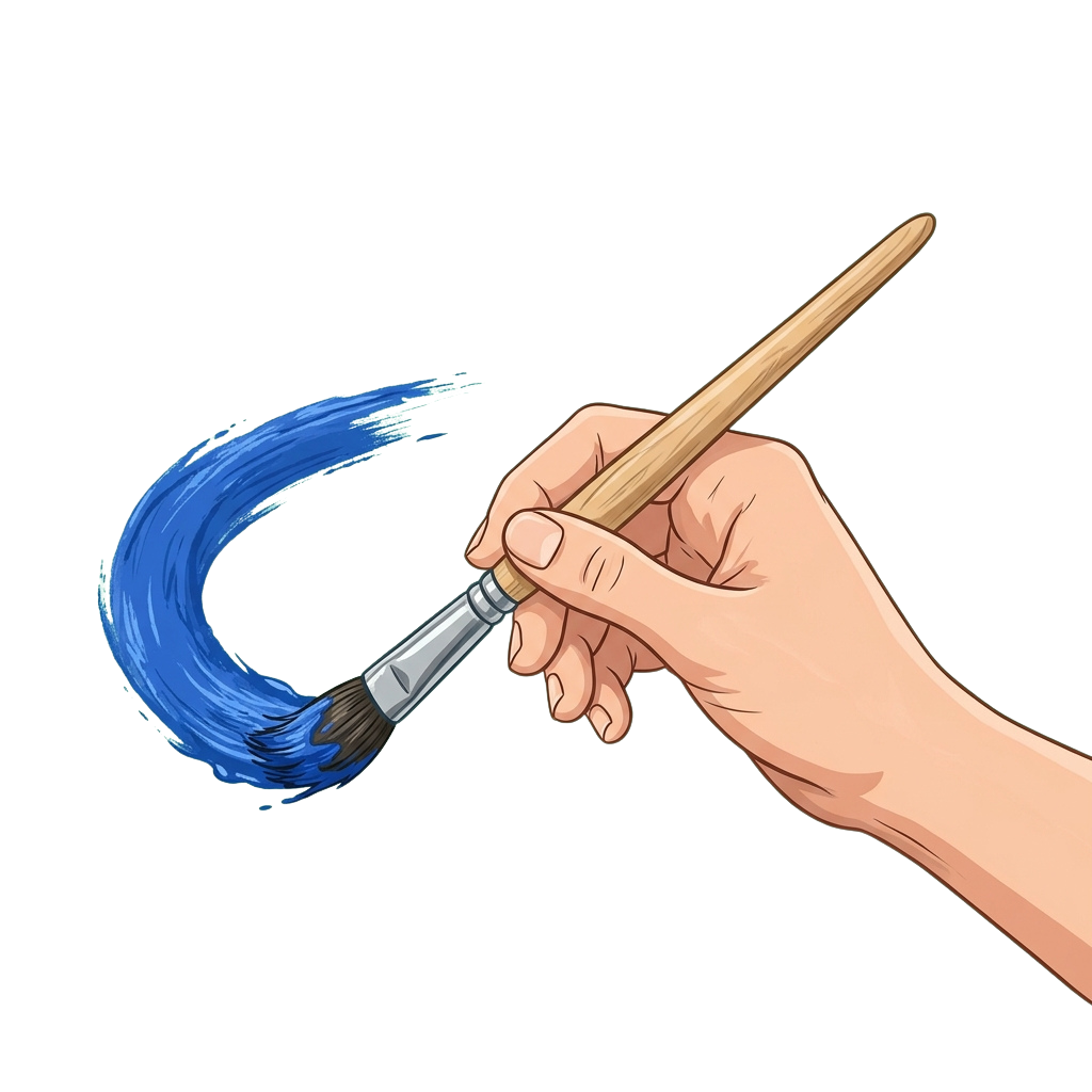 A hand holding a paintbrush creating a blue curved stroke on a dark background