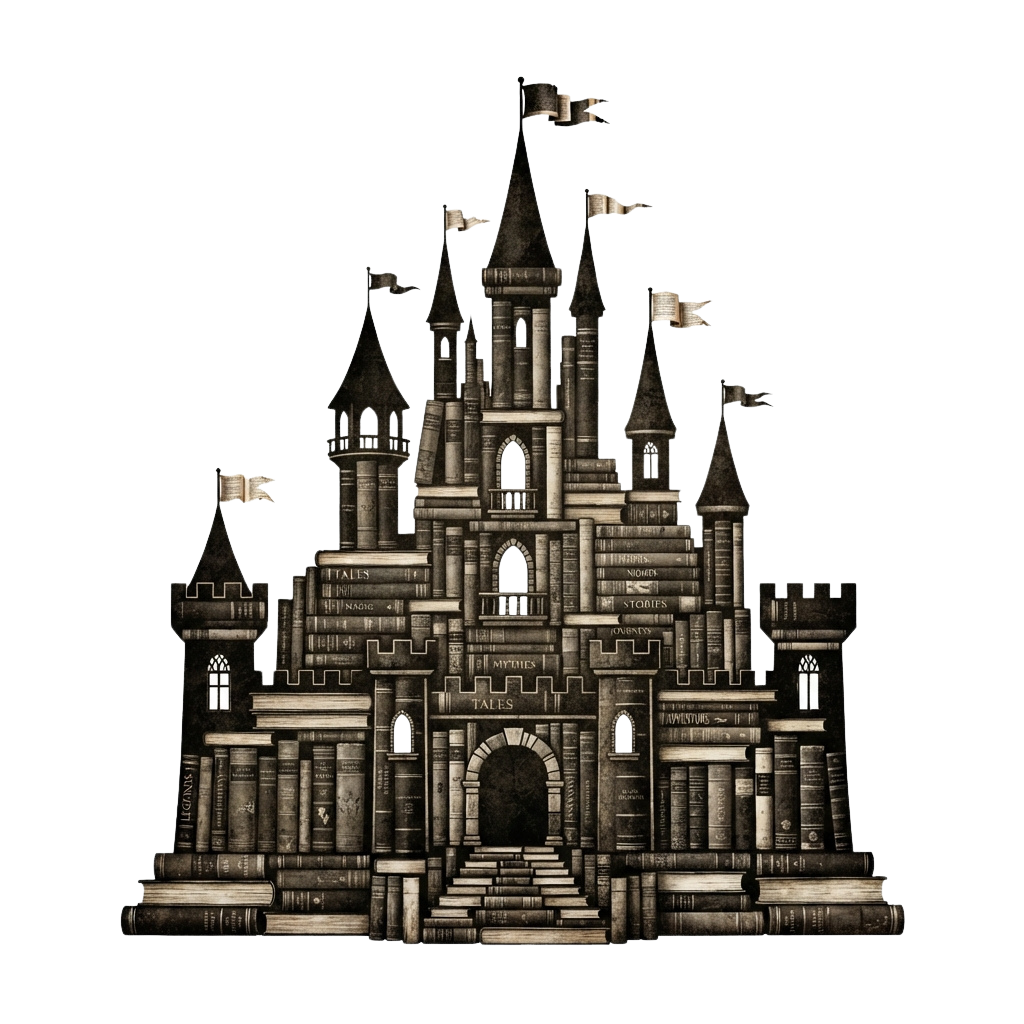 A detailed illustration of a castle constructed from stacked books, featuring flags on towers and a grand entrance.