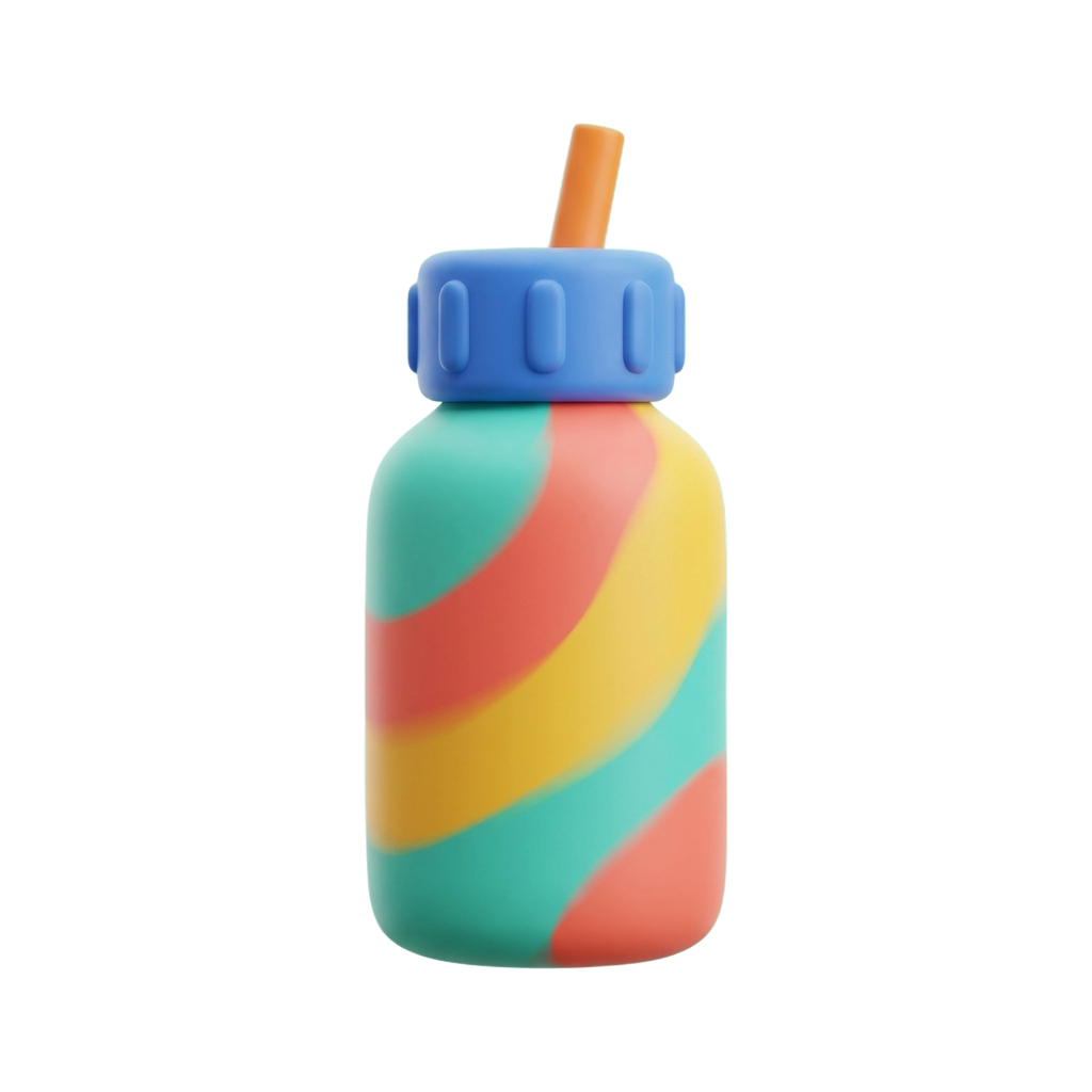 A water bottle featuring swirling turquoise, yellow, and orange patterns with a blue cap and orange straw