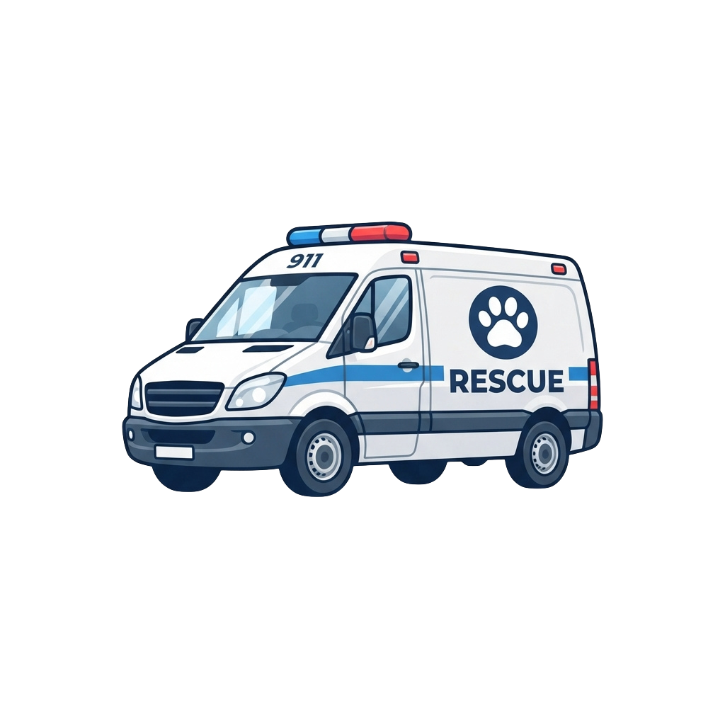 Illustration of a rescue van with paw print logo and flashing lights labeled rescue