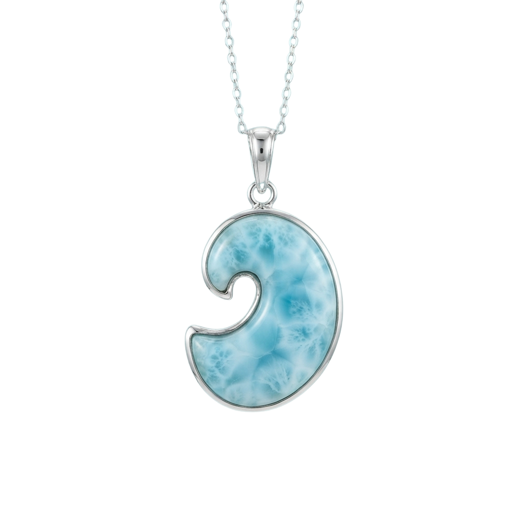 A silver chain necklace with a turquoise stone pendant shaped like a semicolon