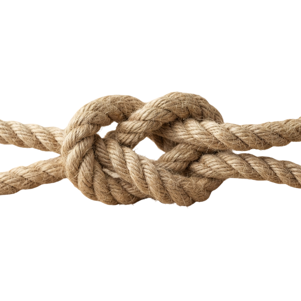 A detailed view of a tightly tied knot in a thick, twisted rope against a dark background