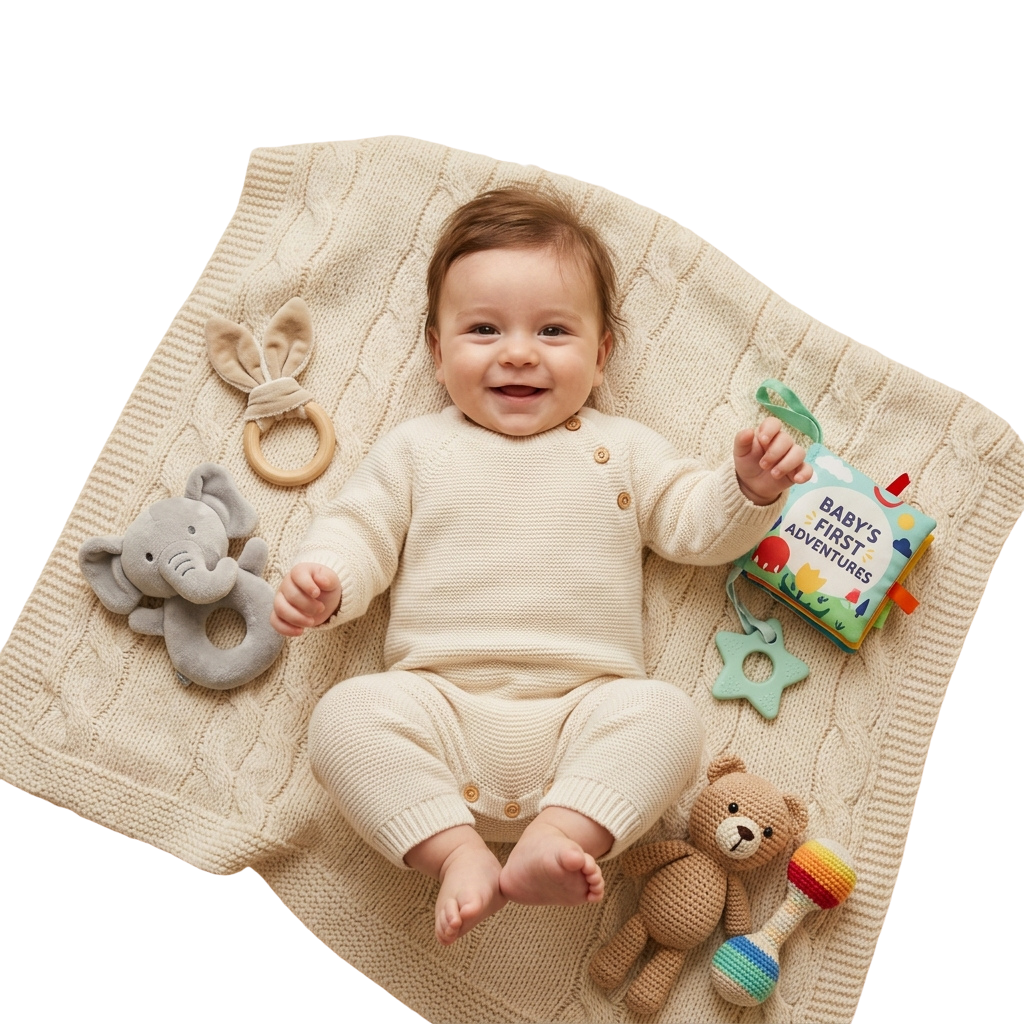 Baby sitting on a knitted blanket holding a teething toy, elephant plush, and colorful activity book