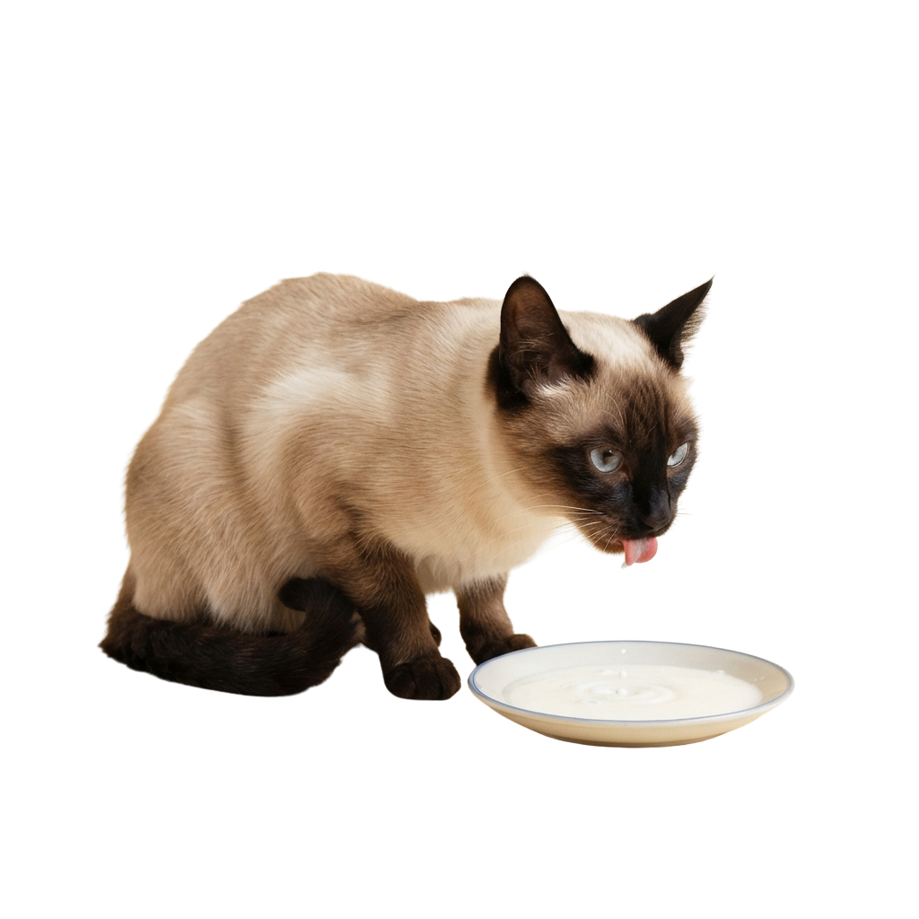 A Siamese cat with light brown fur and dark face, ears, and paws drinking milk from a shallow bowl.