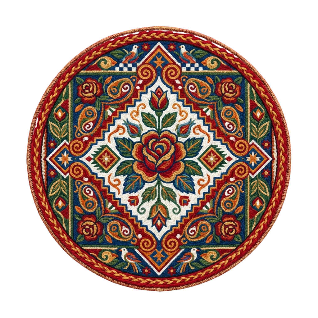 Colorful embroidered hoop art featuring a central red rose surrounded by intricate floral and geometric patterns in red, green, blue, and white